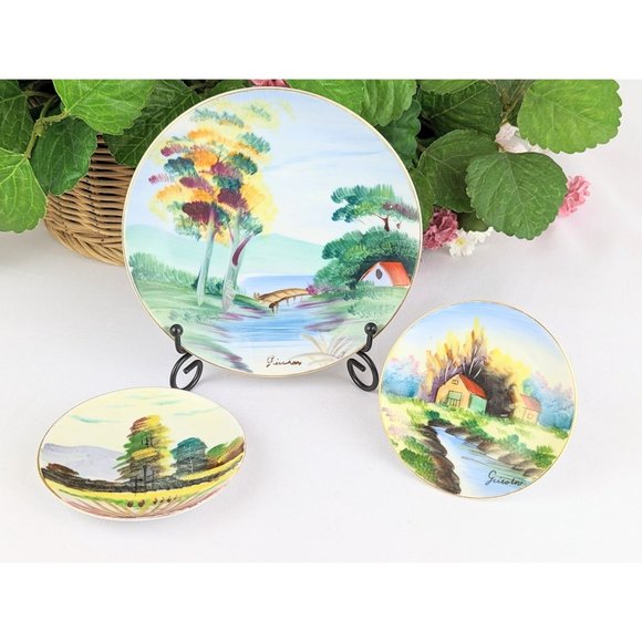 Set of 3 Handpainted Japanese Porcelain Decorative Wall Plates Asian Rural Scene - Picture 2 of 10
